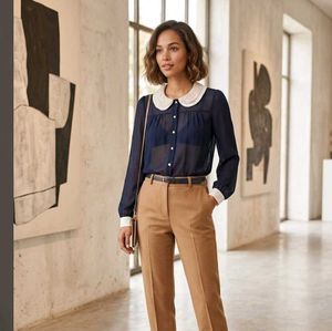 Navy Blue Blouse with Lace Collar
