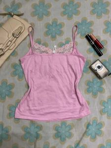 y2k cottage core Cute Pink Lace Trim Camisole Top