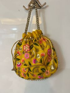 Yellow Embroidered Potli Bag