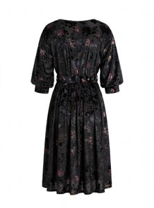 Black Floral Belted Midi Dress