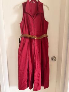 Maroon Collared Sleeveless Midi Dress with Belt