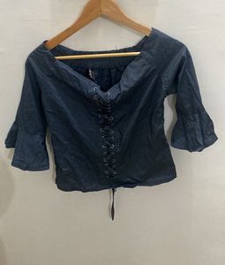 Blue Off-Shoulder Bell Sleeve Top