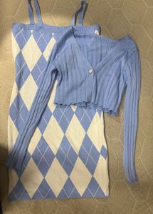 Argyle Print Knit Dress &amp; Cardigan Set