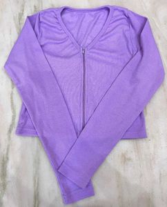 trendy full sleeves lavender crop top with v-neck.