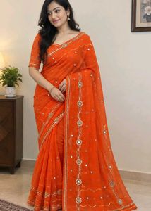 Vibrant Orange Mirror Work Saree