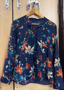 Navy Blue Floral Print Long Sleeve Top