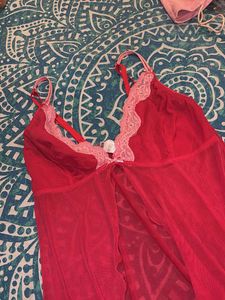 Red Lace Trim Chemise Nightgown