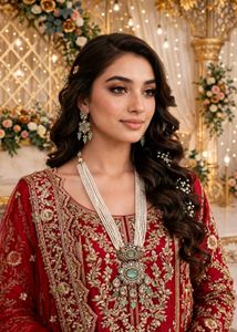 Elegant Pearl Necklace with Emerald Pendant &amp; Earr