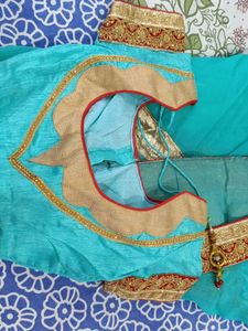 Teal Blue &amp; Gold Embellished Saree