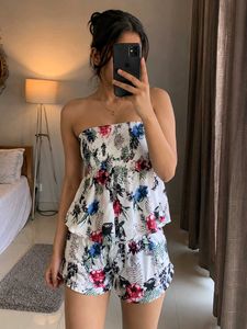 Floral Print Strapless Top & Shorts Set