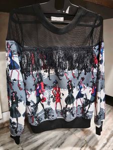 Chic Mesh &amp; Fringe Printed Top