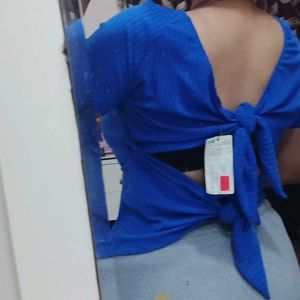 Royal Blue Ribbed Tie-Back Top