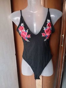 Embroidered Black Bodysuit