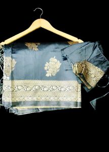Elegant Grey Saree with Golden Floral Print