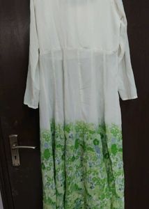 White &amp; Green Floral Printed Long Frock
