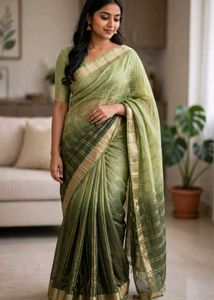 Elegant Green jari Checked Saree
