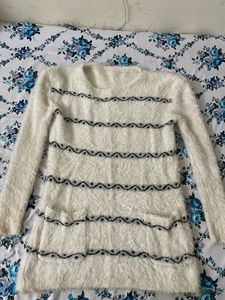 Cozy White Knit woolen dress with Black Detail