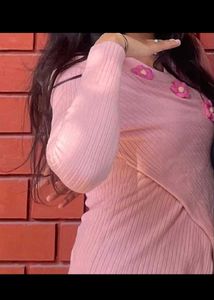 Chic Pink Ribbed Top with Floral Accents