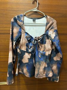 Tie-Front Abstract Print Long Sleeve Top