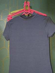 Navy Blue Ribbed Mock Neck Dress