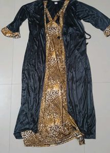 Pack of 2 Women Nighty with Robe (Gold, Black)