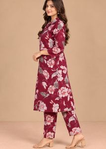 Maroon Floral Print Kurta Set