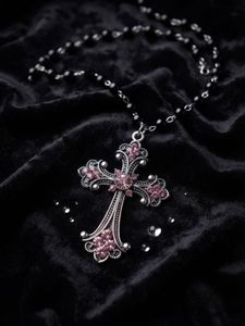 Gothic Cross Necklace with Pink Crystals