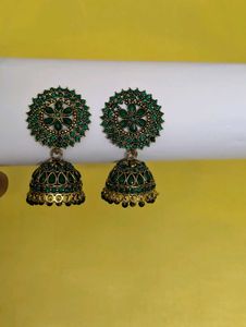 Emerald Green Jhumka Earrings | Antique Gold