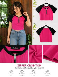 Pink & Black Zipper Crop Top