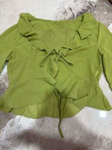 savana Lime Green Sheer Ruffle Tie-Front Top