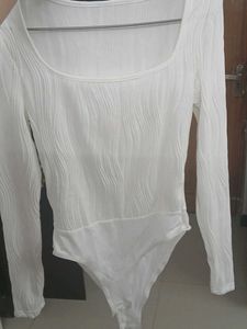 White Ribbed Square Neck Bodysuit