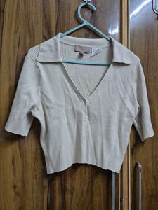 Beige Collared Knit Crop Top