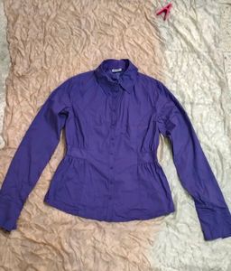 Purple Cinched-Waist Button-Down