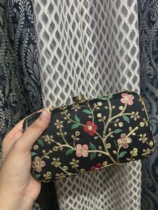 Embroidered Black Clutch