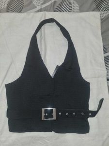 Stylish Black Halter Top with Belt Detail
