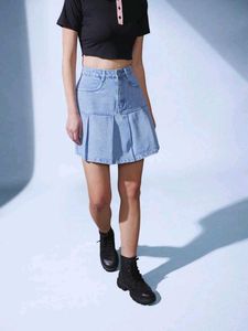 Savana Street9 Light Wash Denim Pleated Mini Skirt
