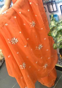 Elegant Orange Embroidered Saree Old Stock
