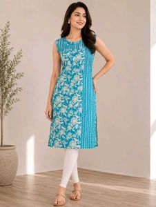 Teal Floral Print Sleeveless Kurta