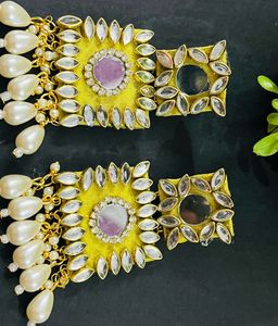 Fancy Party Wear Fabric Earrings Colours Yellow