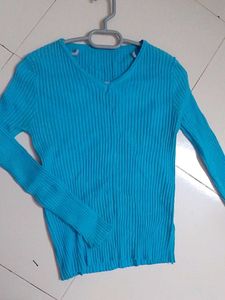 Blue Ribbed V-Neck Sweater