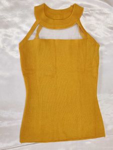 Yellow Sheer Neckline Knit Top