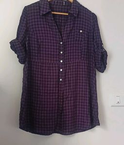 Purple Plaid Roll Tab Sleeve Tunic