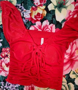 Chic Red Ruched Tie-Front  padded Top