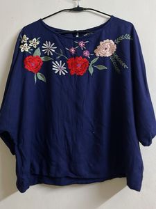 Embroidered Blue Round Neck Top