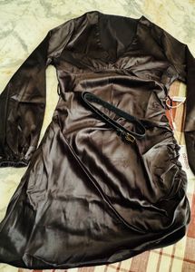 savana Satin Ruched Mini Dress with Belt
