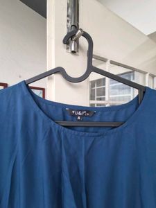 Elegant Blue Pleated Dress, With Belt