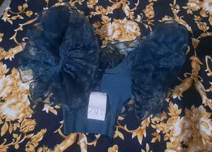 Zara Blue Ribbed Puff Sleeve Top