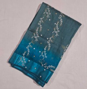Elegant Teal Ombre Saree with Floral Embroidery