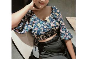 Navy Floral Print Wrap-top