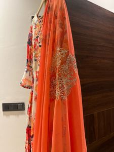 Floral Suit With Net Embroidered Dupatta